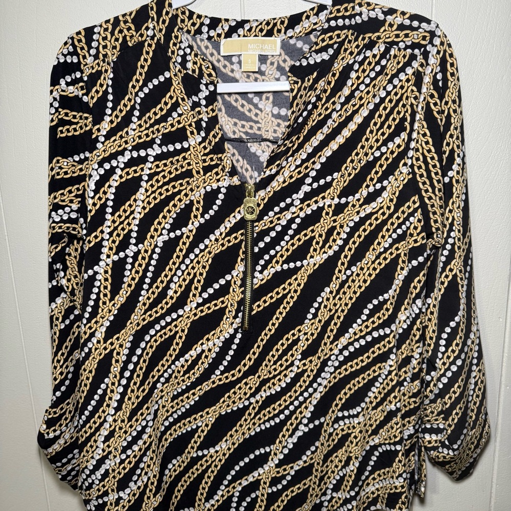 Michael Kors Black and Gold 3/4 Sleeve Blouse with Mandarin Collar S